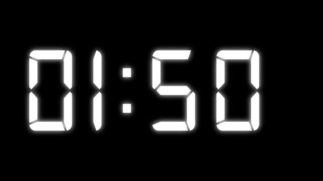 2 Minute countdown animation on black background. Countdown digital clock animation 2 to 0 second countdown digital clock timer icon. 1 minute timer on stopwatch.