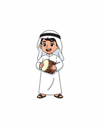 Obraz premium Muslim child holding holy Quran smiling in white robe and prayer cap isolated