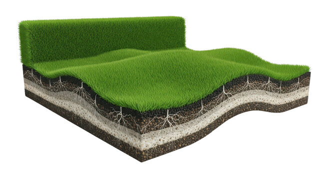 Cutaway sample of green turf grass carpet with layered soil and drainage base, 3D rendered cross section block showing landscaping surface and ground strata isolated on white