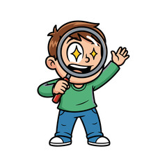 Obraz premium A curious cartoon boy with sparkling eyes holds a magnifying glass, eagerly exploring and discovering new things with a sense of wonder.
