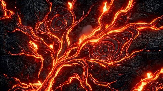 Vibrant orange flames illuminate dark, swirling patterns on a textured surface, creating a mesmerizing close-up view.