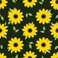 Seamless pattern of bright yellow sunflowers on a dark green background