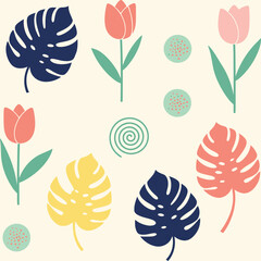 Minimalist pattern with colorful tropical leaves and tulips