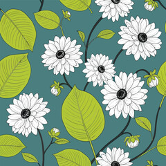 Black and White Daisy Pattern with Green Leaves on Teal