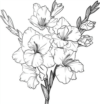 vector illustration of gladiolus flower bouquet outline vector drawing, simple sketch, white background, vector line art, simple design, coloring page style, simple black lines, simple coloring book f