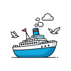 Fototapeta premium Cartoon Cruise Ship with Seagulls and Clouds.