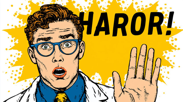 Pop Art Horror: A vintage pop art illustration captures a man's surprised expression with an illustrative word HAROR and a bright, starburst-shaped backdrop.