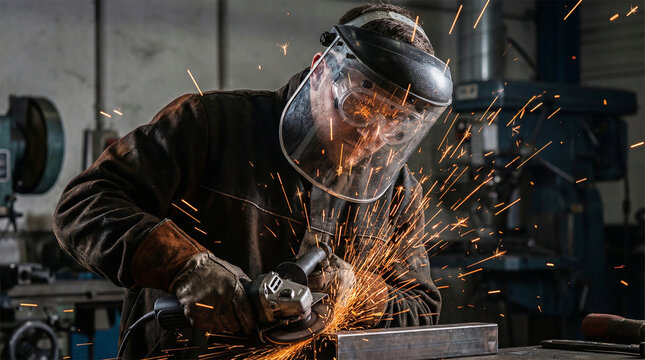 Industrial worker wearing face shield with sparks from angle grinder metalworking