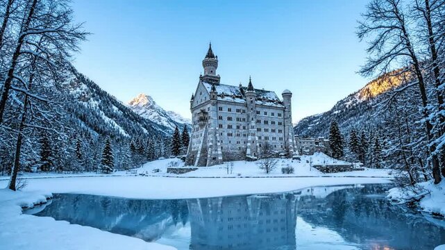 A serene winter landscape featuring a majestic castle surrounded by snow-covered trees and mountains reflected perfectly in a calm lake