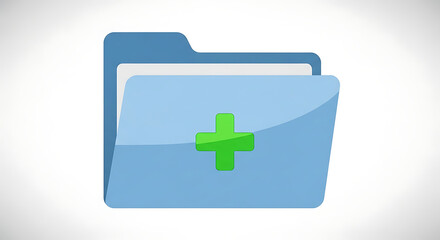 Obraz premium A blue folder icon with a green plus sign on the front against a white gradient background