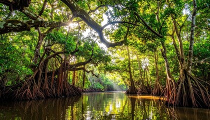 Fototapeta premium Lush Mangrove Forest Canopy Reflecting in Calm River Waters.