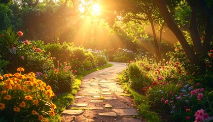 A serene stone pathway winds through vibrant garden flowers