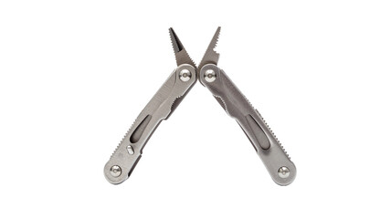 Open multi-tool with pliers on white background, a versatile tool for various tasks and repairs
