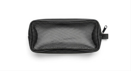 Naklejka premium Rectangular mesh wash bag with zipper, isolated on white background, showcasing sleek black design and spacious interior for toiletries