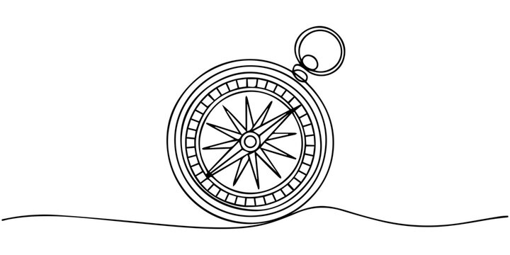 One continuous line drawing of traveler compass. Old navigate and adventure symbol in simple linear style. Business strategy and adventure concept in editable stroke. Doodle vector illustration