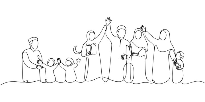 Vector illustration of muslim men hugging each other. Modern flat in continuous line style. Eid Festival Happy Muslim People 