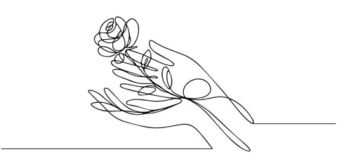 Obraz premium Continuous one line drawing of a hand holding a rose, a symbolic romantic gesture. Line art style vector illustration.