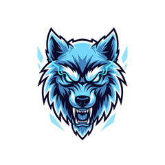Stylized blue wolf head mascot with glowing intense eyes