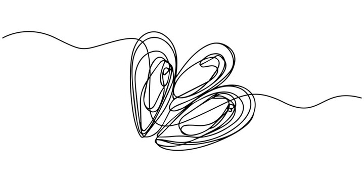 Hand drawn oysters in one line art style. Seafood restaurant icon, continuous line drawing of fresh oysters. Vector illustration