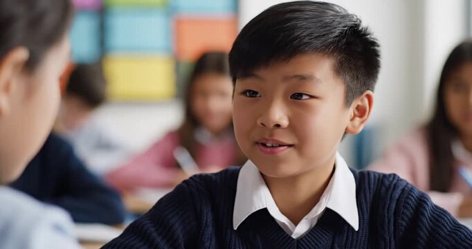 Young boy engaged in conversation with classmate in a bright classroom setting, focused learning