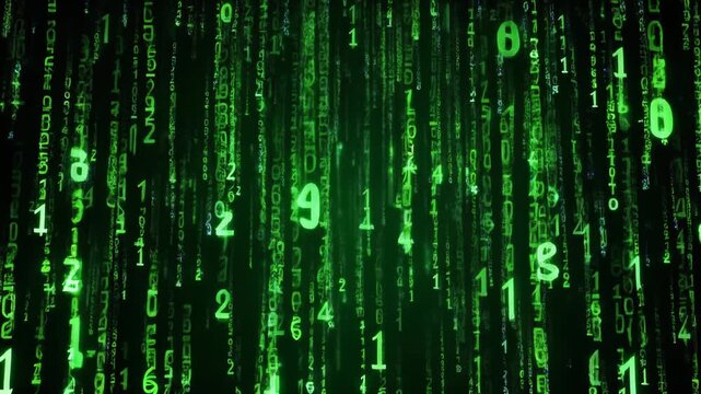 Matrix Inspired Digital Rain with Green Glowing Binary Code and Falling Symbols on Dark Background
