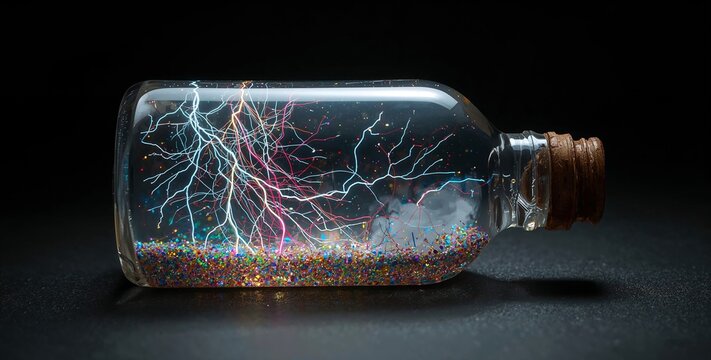 An isolated antique metal light bulb glows against a black background next to an old silver tin container and an empty plastic object case