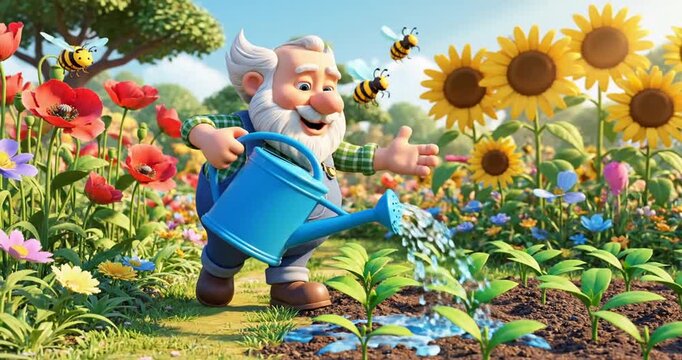 Cheerful gardener watering vibrant flowers in a sunny garden with buzzing bees and sunflowers