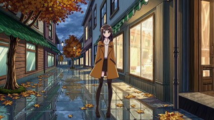 Animated character strolls along a charming street, showcasing autumn leaves and reflections on the ground, creating a cozy and inviting atmosphere