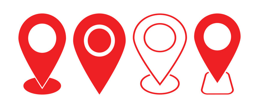 Set of location pin icons. Map marker pointer symbols, GPS location.  Simple red location pin icon isolated on white background.