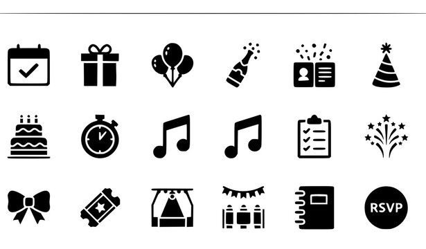 Event Planning and Management Solid Glyph Icon Set &ndash; Calendar, Party, and Celebration Symbols