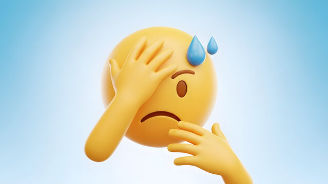 A yellow 3D emoji character showing a stressed facepalm expression with sweat drops on the forehead