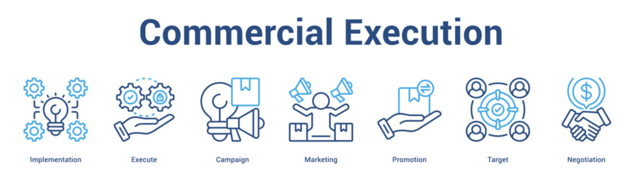 Commercial Execution web banner icon set vector illustration concept for business with icon of Implementation, Execute, Campaign, Marketing, Promoti.