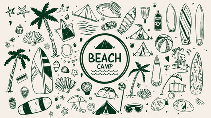 Beach Camping Theme doodle banner illustration in a hand-drawn sketch style, vector illustration. © Fatema