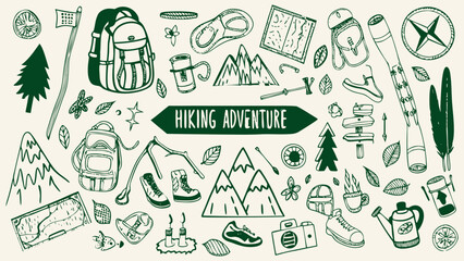 Hiking Adventure Theme doodle banner illustration in a hand-drawn sketch style, vector illustration. © Fatema