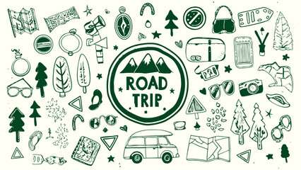 Road Trip Theme doodle banner illustration in a hand-drawn sketch style, vector illustration. © Fatema