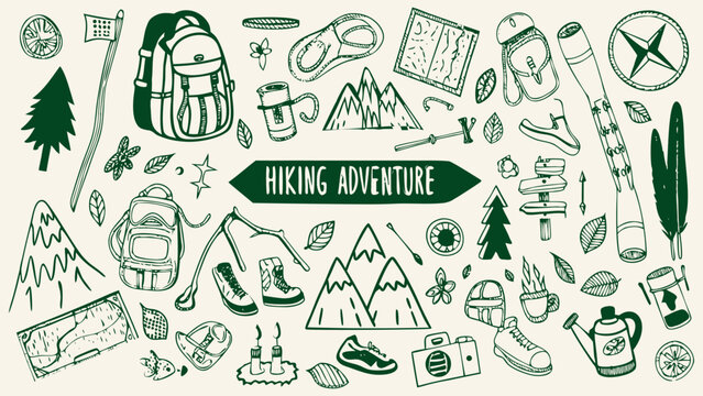 Hiking Adventure Theme doodle banner illustration in a hand-drawn sketch style, vector illustration.