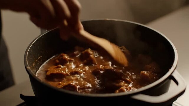stirring beef rendang in a cast iron pan close up