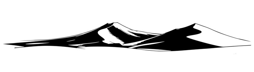 black  graphic illustration of sand dunes. This minimalist landscape art uses bold silhouettes and crisp lines to depict the undulating curves and sharp ridges of a desert horizon © Suriya