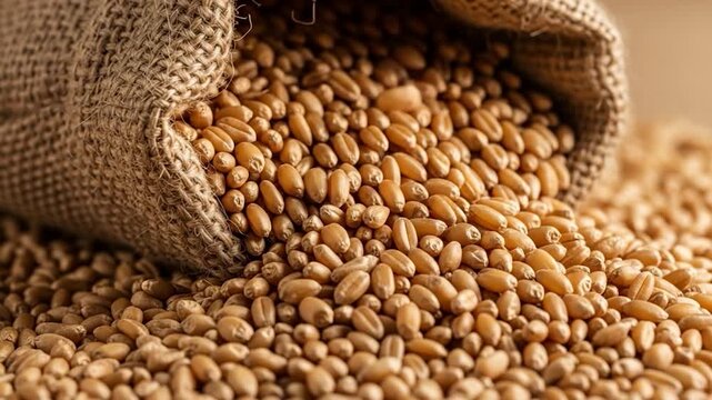 Golden Wheat Spilling from Burlap Sack: A close-up shot of golden wheat grains spilling abundantly from a rustic burlap sack, evoking a sense of abundance and the harvest season.