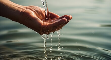 A hand cupped under a stream of clear water with ripples in the background