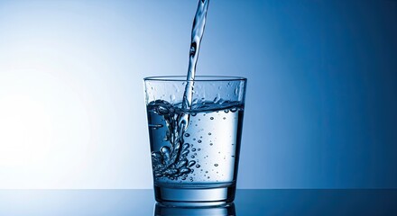 A glass of clear water being filled with a stream of water