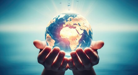 Hands cradling a radiant earth globe with sunlight and clouds