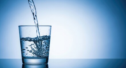 A glass of clear water being poured with a stream of water against a blue background