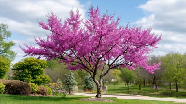 Blooming Eastern redbud tree with vibrant pink blossoms in spring garden park setting under blue sky 