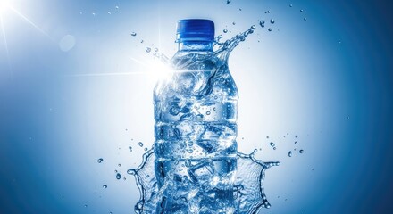 Refreshing clear water bottle with splashing droplets and blue cap