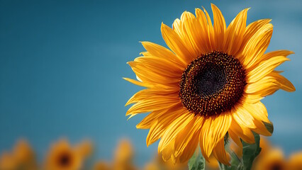Obraz premium A bright yellow sunflower, its petals shining brightly in contrast to the soft blue sky.