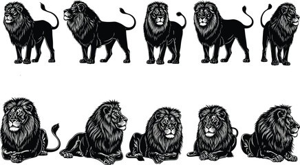 Black lion silhouettes collection, majestic male lion poses illustration set, isolated wildlife animal designs, powerful safari nature graphic elements © Md