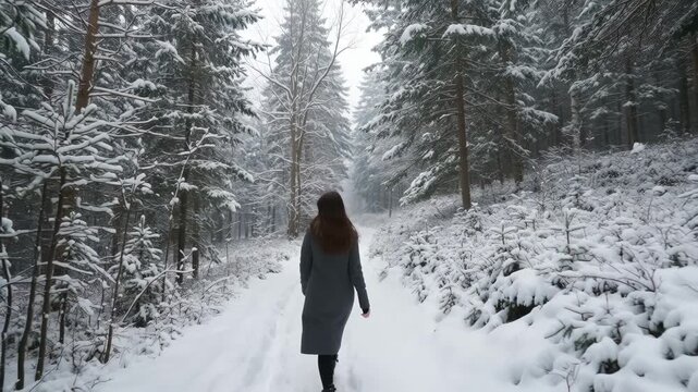 Woman walking alone snowy forest winter tall pine trees fresh snow peaceful atmosphere