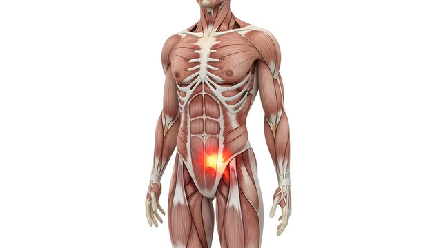 Medical diagram showing a glowing pain point in the hip and thigh area of a human body