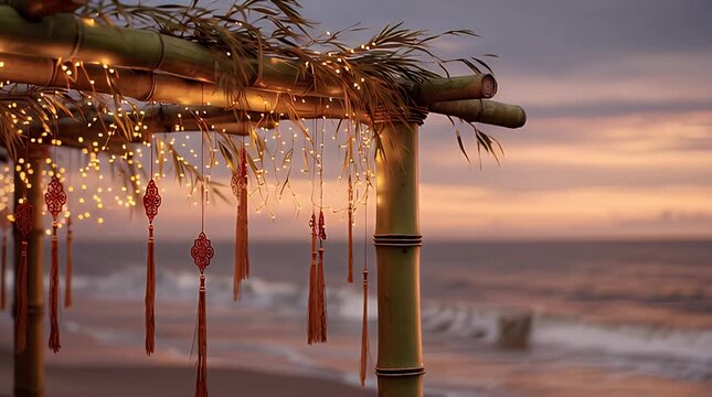 Bamboo structure with decorations on a serene beach at sunset. Ramadan and Chinese New Year